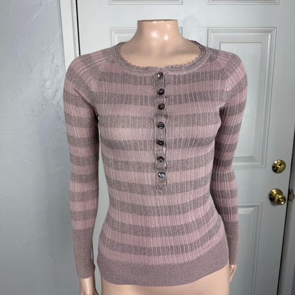 Vintage Y2K Marinique Shirt XS Metallic Knit Henley Striped Silk Long Sleeve R25